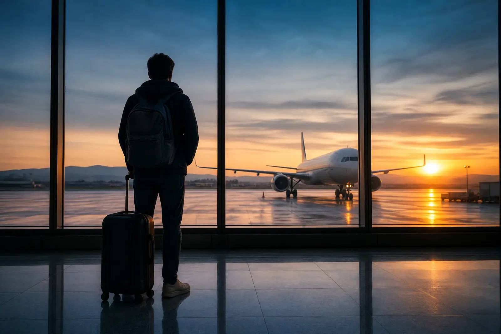 A traveller with a backpack and suitcase looking out at an aircraft from an airport window at sunrise