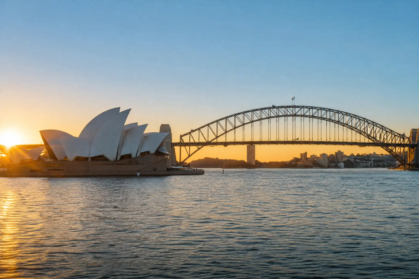 Sydney harbour with the opera house and harbour bridge at sunset
