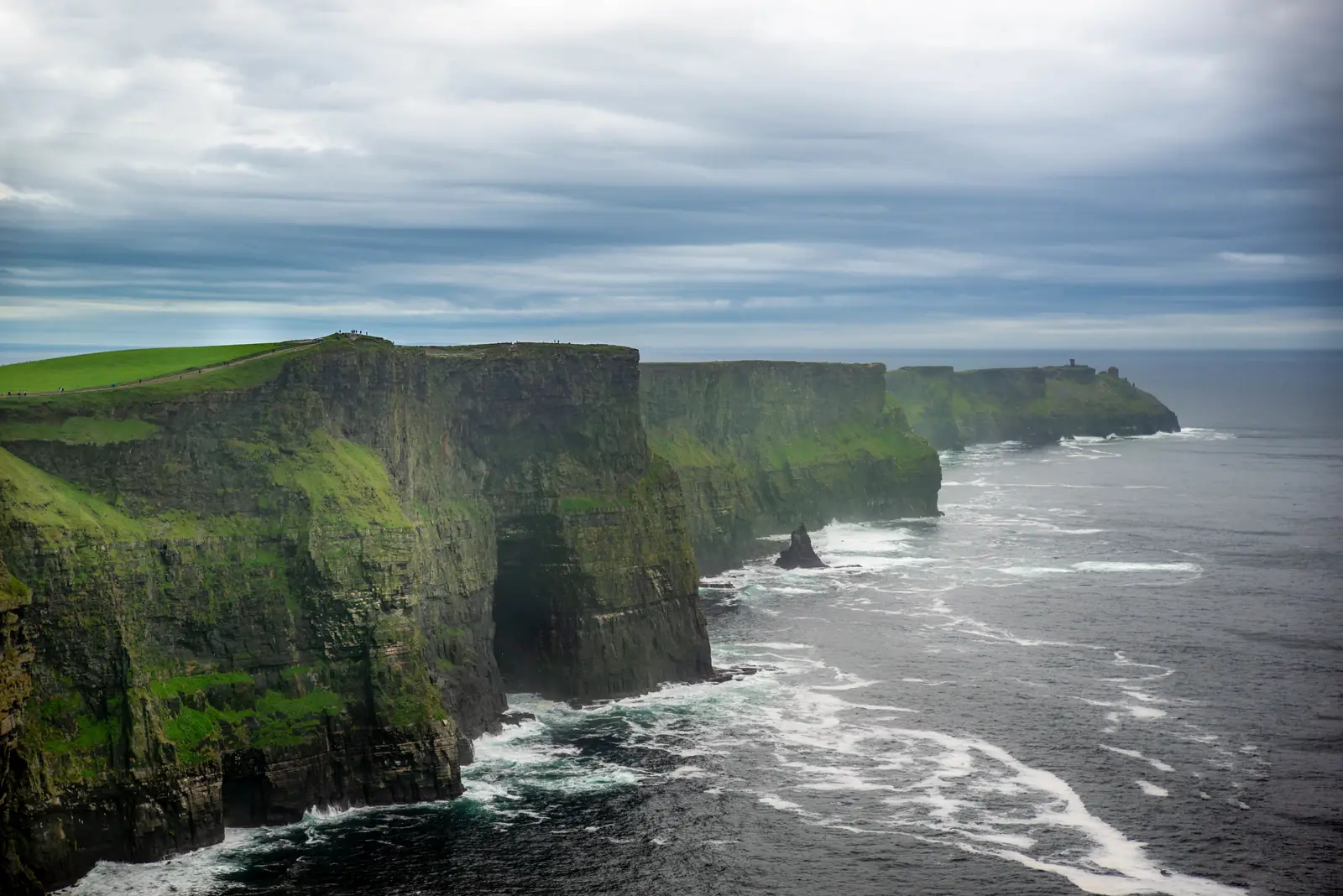 Green sea cliffs on the west coast of Ireland under a cloudy sky