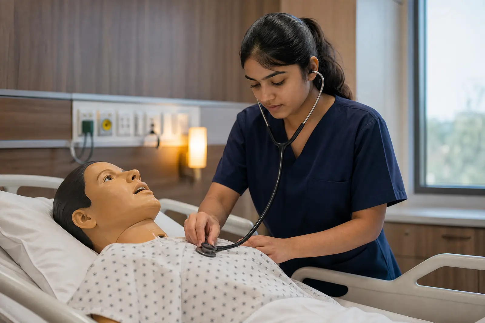 A nurse in navy scrubs practising a clinical assessment on a training manikin