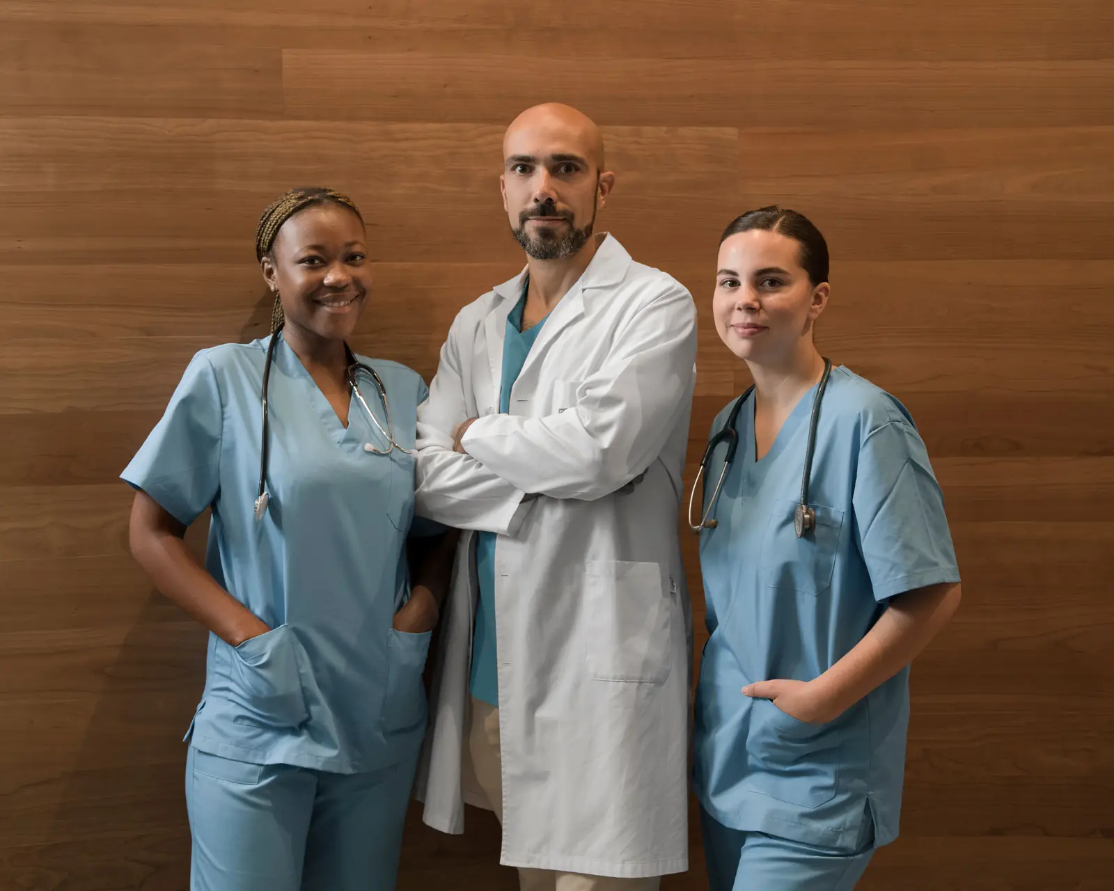 Two nurses in scrubs standing with a doctor in a clinic