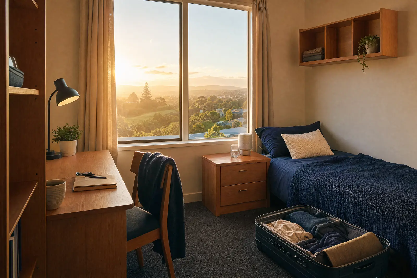 A tidy student room in New Zealand with a bed, desk and a window looking out over green hills