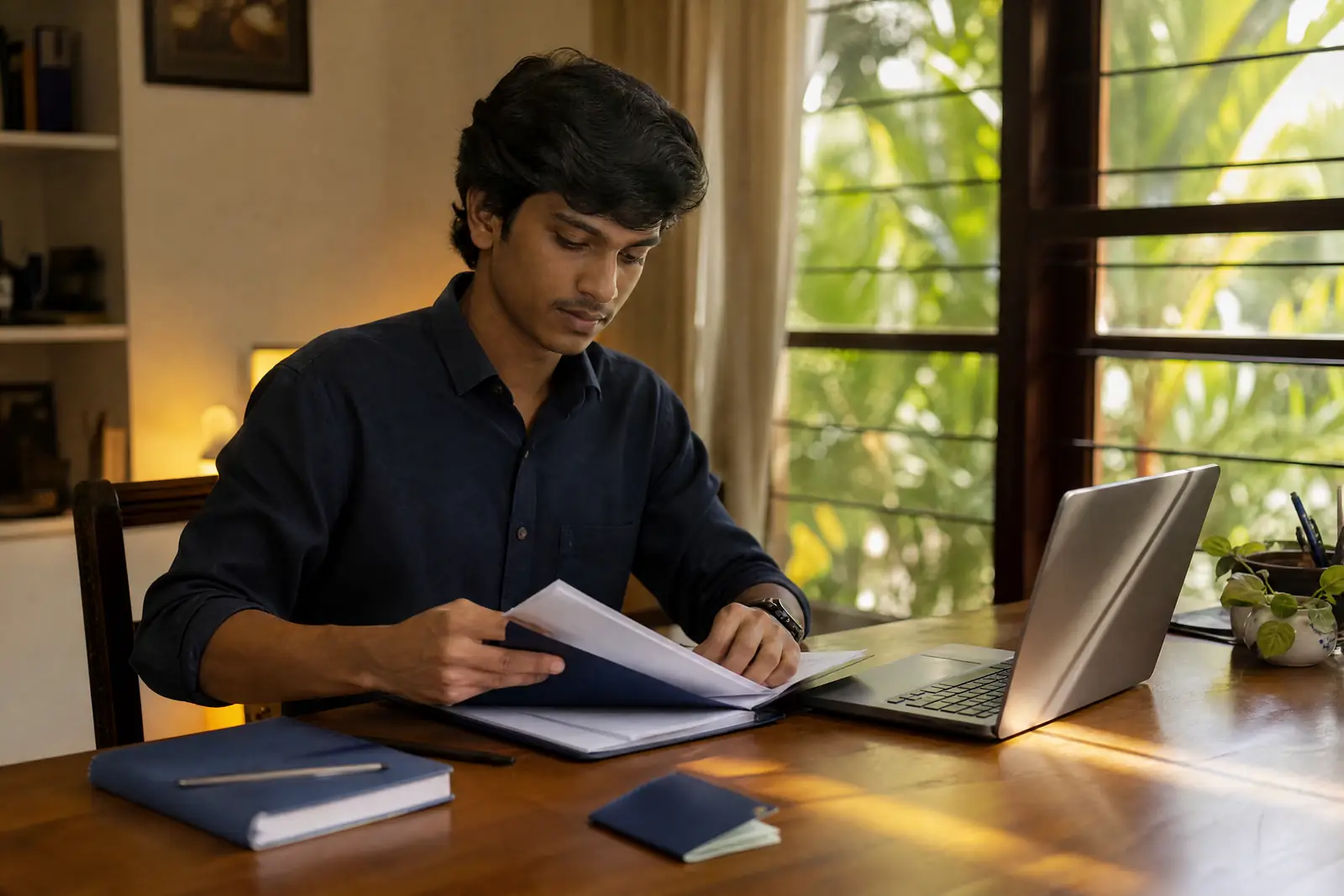 A student organising documents into a folder next to a passport and laptop